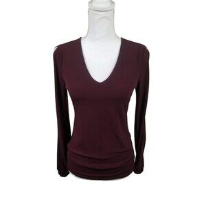 Womens XS INC Burgundy Long Sleeve V-Neck Top With Ruched Hem & Cutout Shoulders